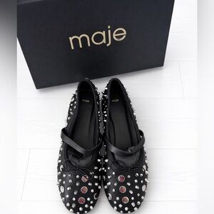 $550 Maje Black Studded Mary Jane Flats Spikes Ballerina Leather EU40 US9 New